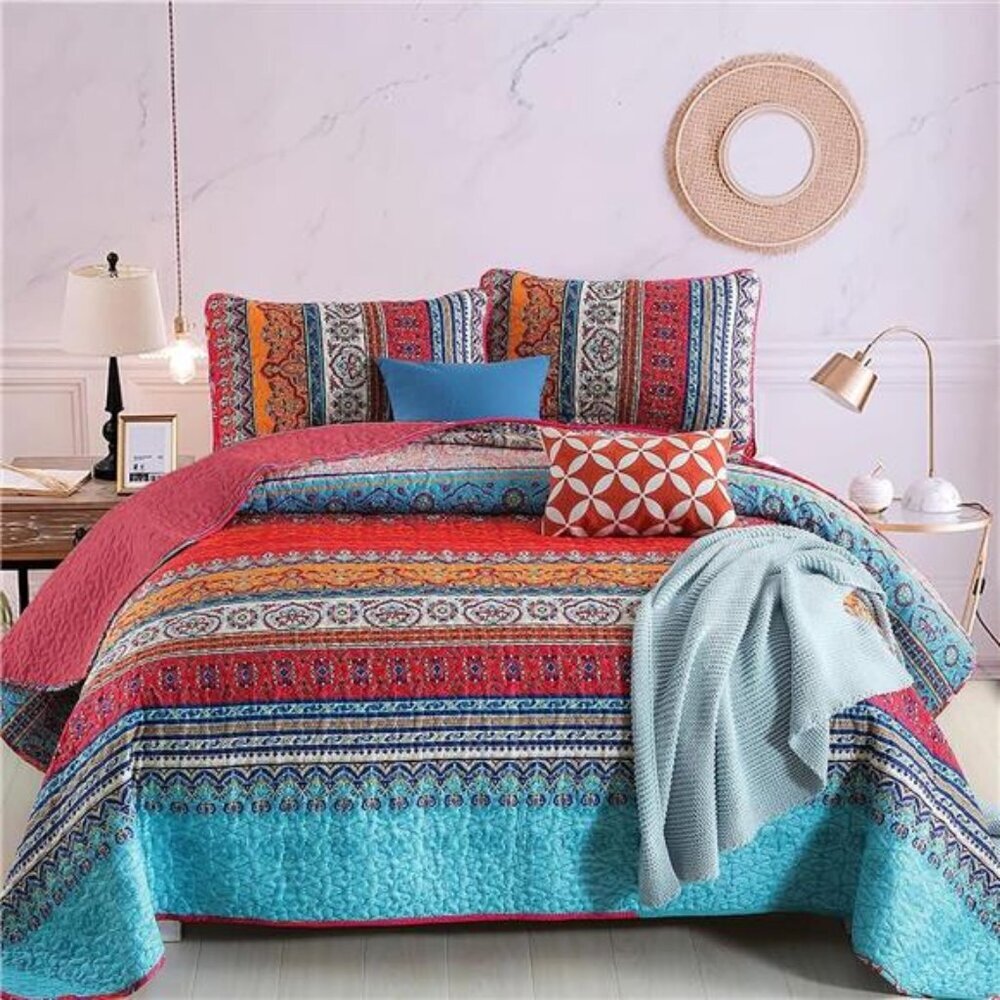 BEDDING Boho Quilt Set Queen Size, Bohemian Stripe 3 Pieces Christmas